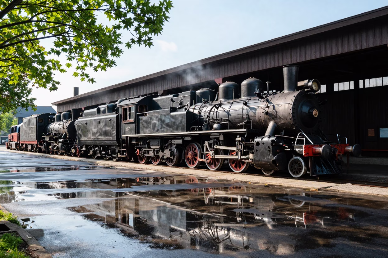 Locomotive Roundhouse Engines in Dappled Summer Light in near Pittsburgh