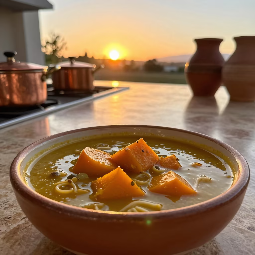 Locro Stew Bowl with Squash at Damascus Noodle Counter in at a noodle counter in Damascus