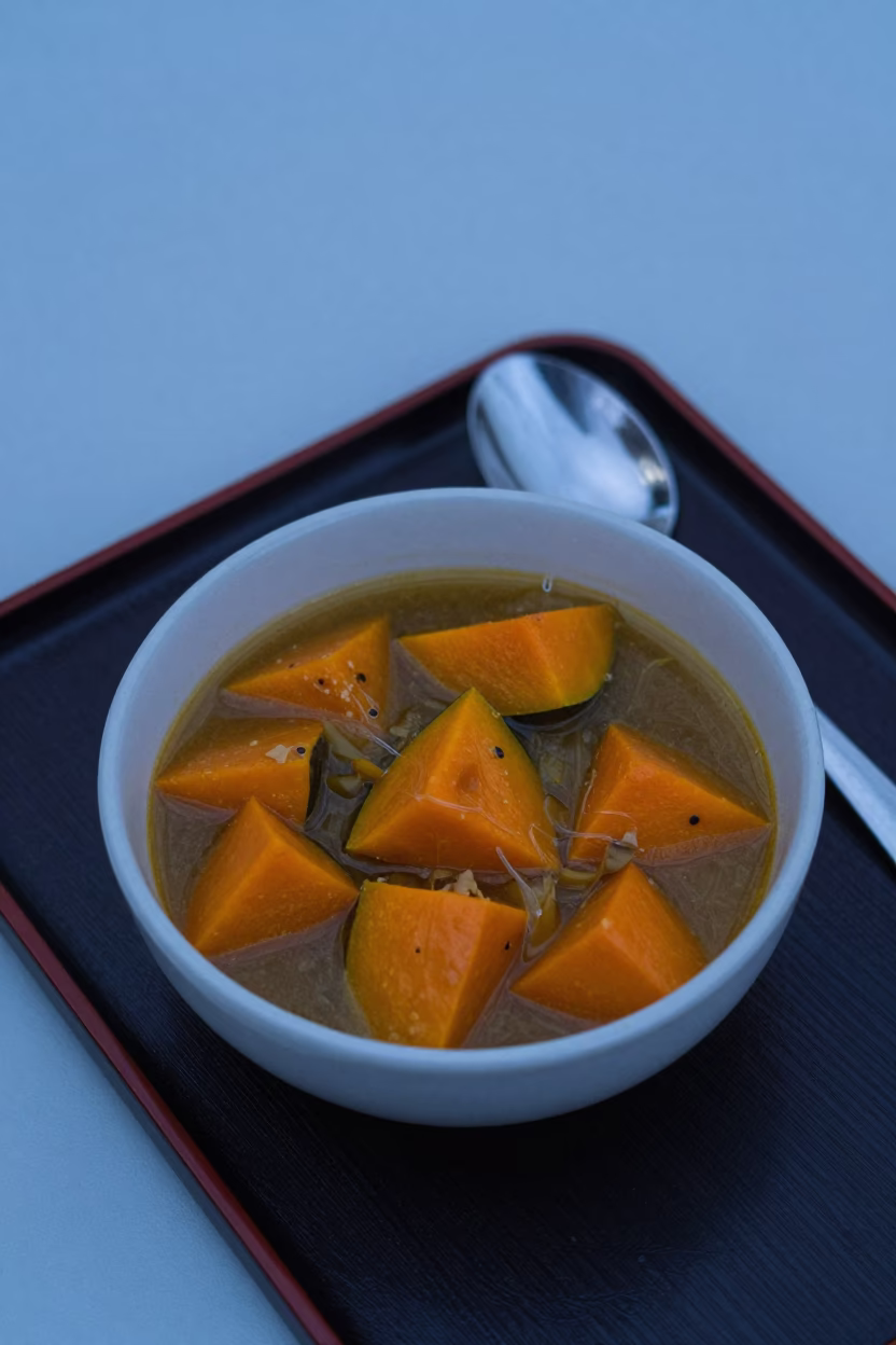 Locro Stew Bowl Squash Dry Season Kisangani in on a lacquered tray in Kisangani