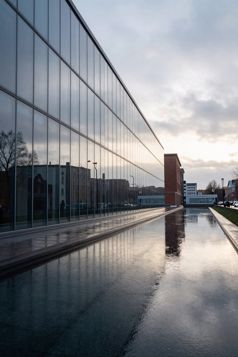 Lodz Glass Facade Dawn Drizzle Pool Reflection in beside a canal-front facade in Lodz