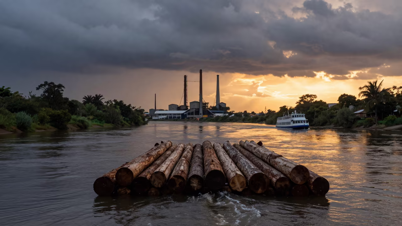 Log Raft Drifting Toward Mill at Golden Hour in across a remote ferry crossing near Gloria, Rio de Janeiro