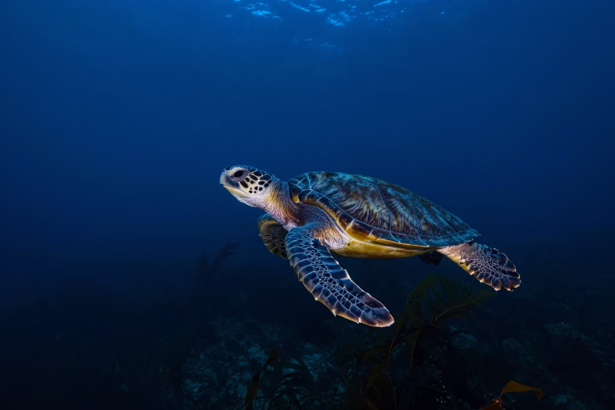 Loggerhead Turtle Midnight Swim Bocagrande in along a kelp-fringed shelf near Bocagrande, Cartagena