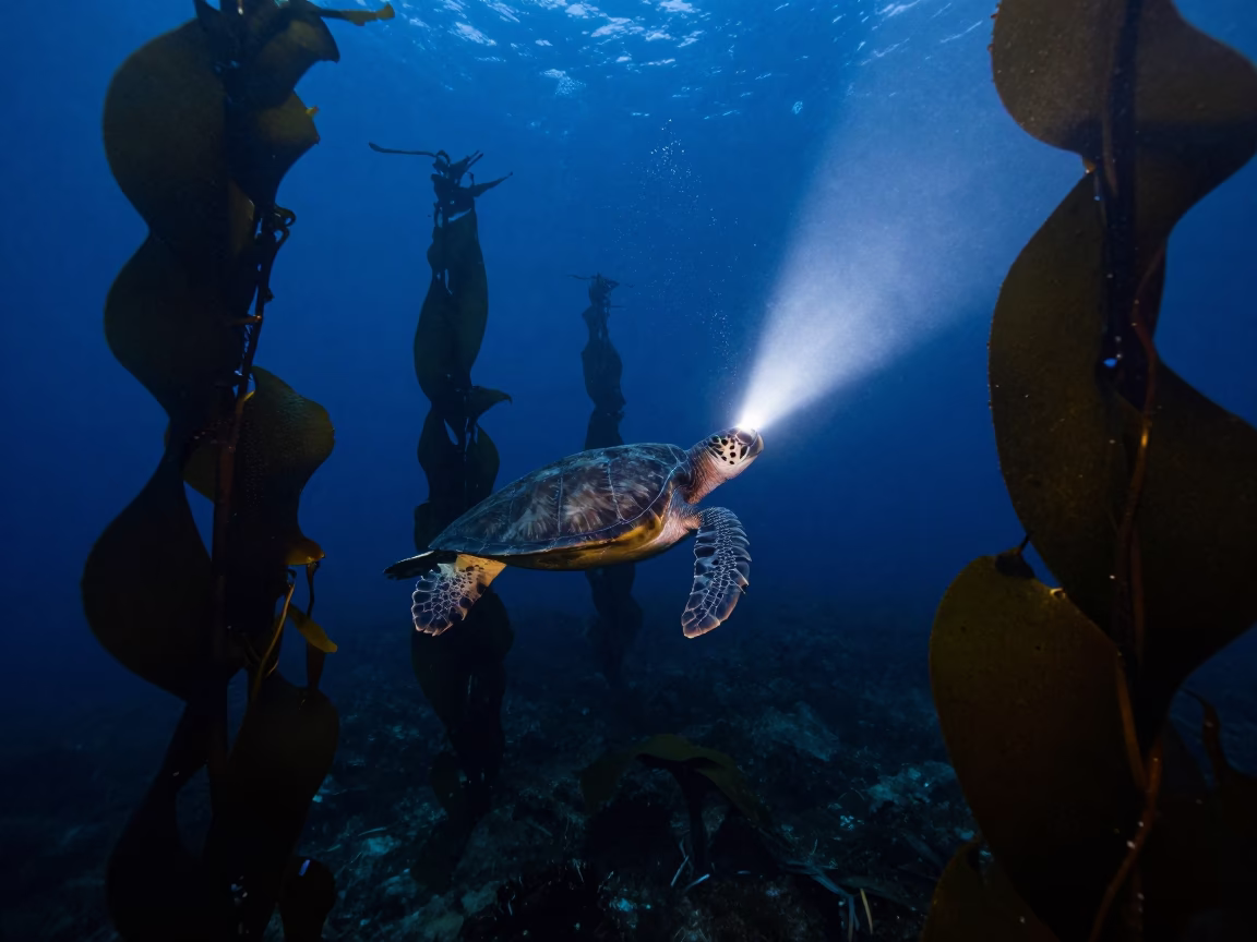 Loggerhead Turtle in Night Kelp Forest in through a forest of kelp fronds near Hayes Valley, San Francisco