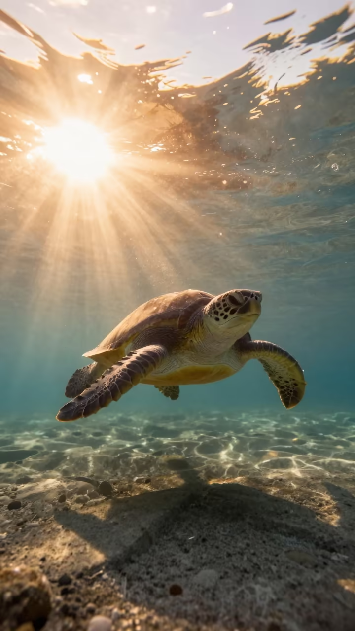 Loggerhead Turtle Swimming Against Shadows in in Croatia