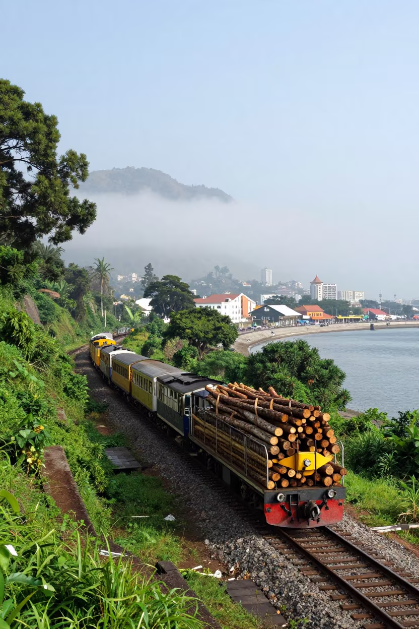 Logging Train Carries Timber Through Wet Forest Fog in beside a fogbound harbor mouth near Centro Historico, Lima