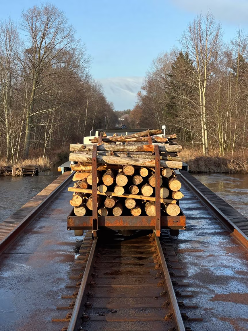 Logging Train Crossing Ferry in Late Autumn in across a remote ferry crossing near Haarlem