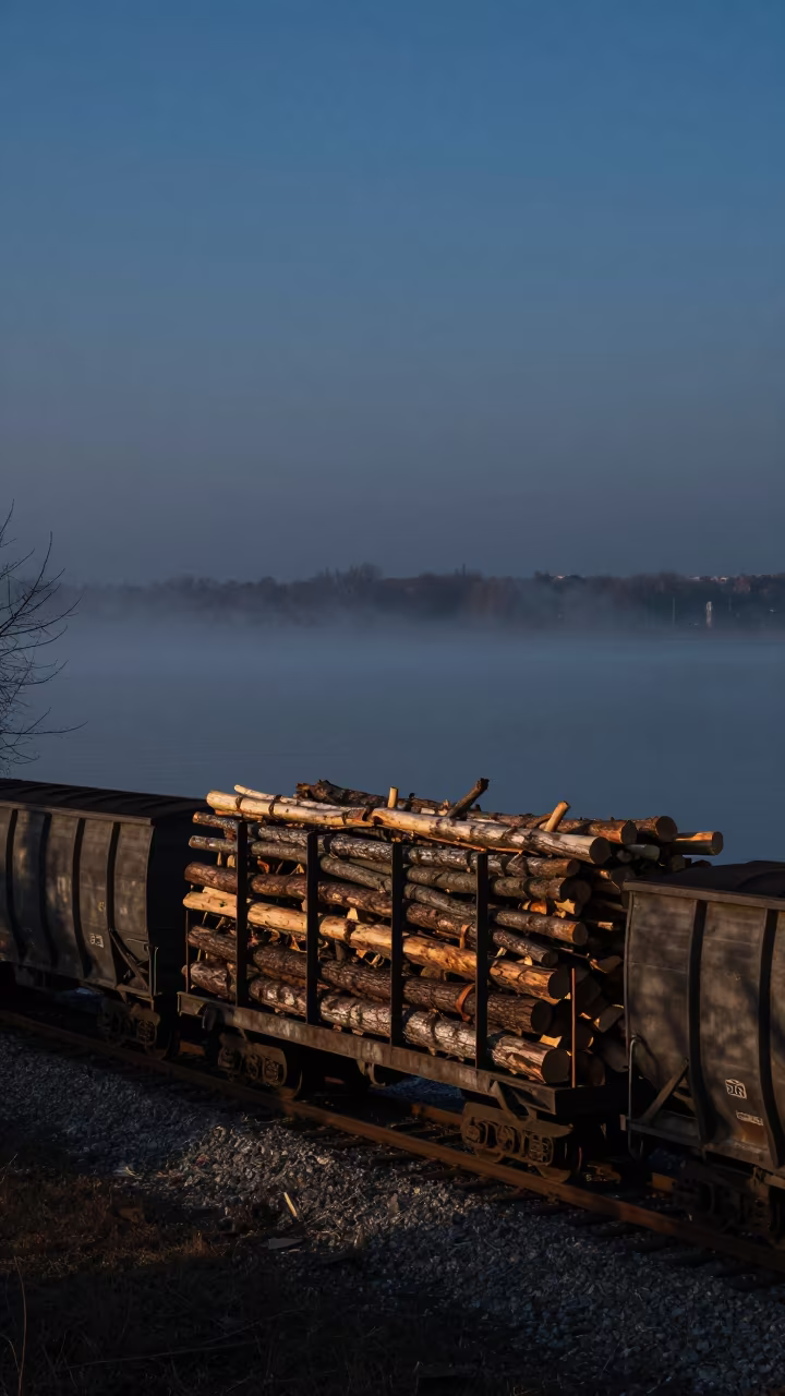 Logging Train Hauling Timber at Twilight Harbor in beside a fogbound harbor mouth near Bucharest