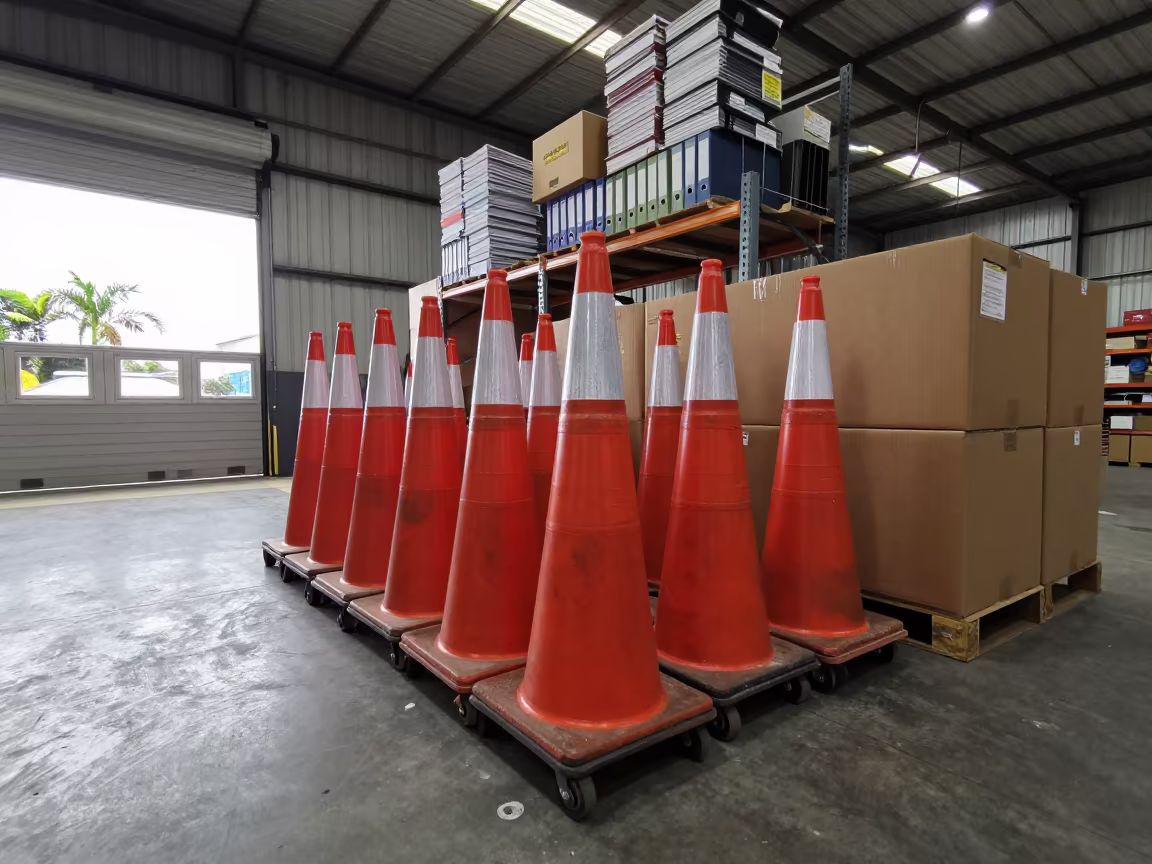 Logistics Cone Stack in Belem Warehouse Aisle in inside a warehouse aisle in Belem