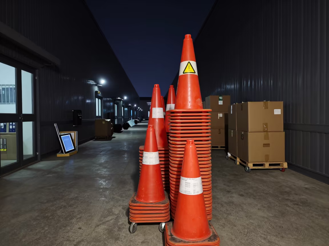 Logistics Cone Stack at Night in Zhengzhou Cross-Dock in inside a cross-dock lane near Zhengzhou