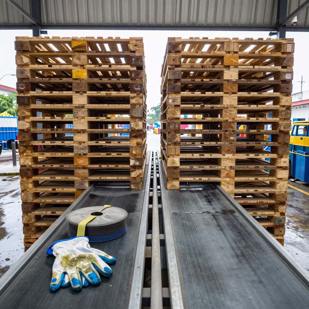 Logistics Corner Board Stack with Safety Gear in at a parcel sorting belt near Havana