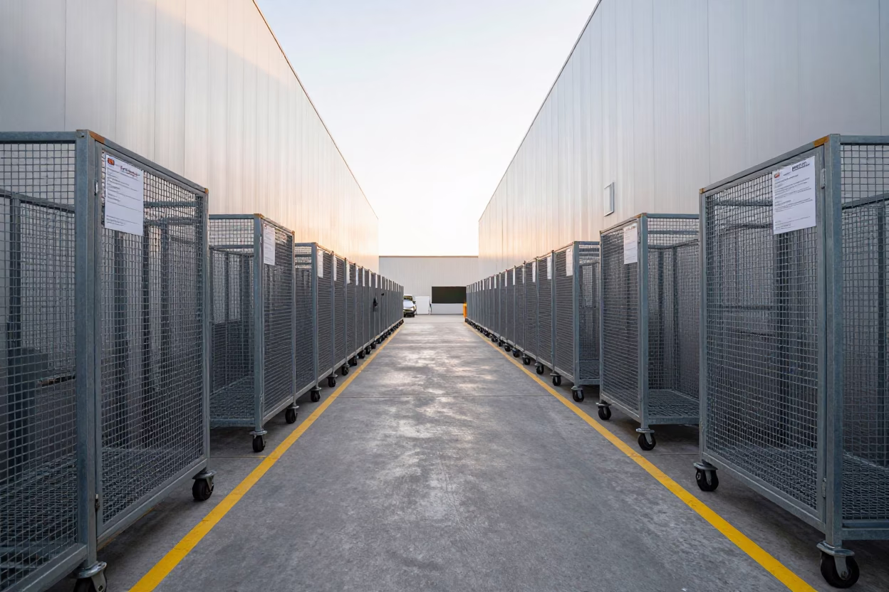 Logistics Cross-Dock Lane with Rolling Cages in inside a warehouse aisle near Barangaroo, Sydney