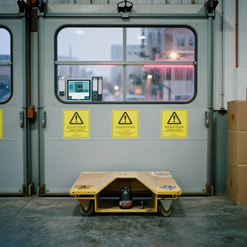 Logistics Dolly Brake Pin Cup Bay Door Light in inside a warehouse aisle in Tenderloin, San Francisco