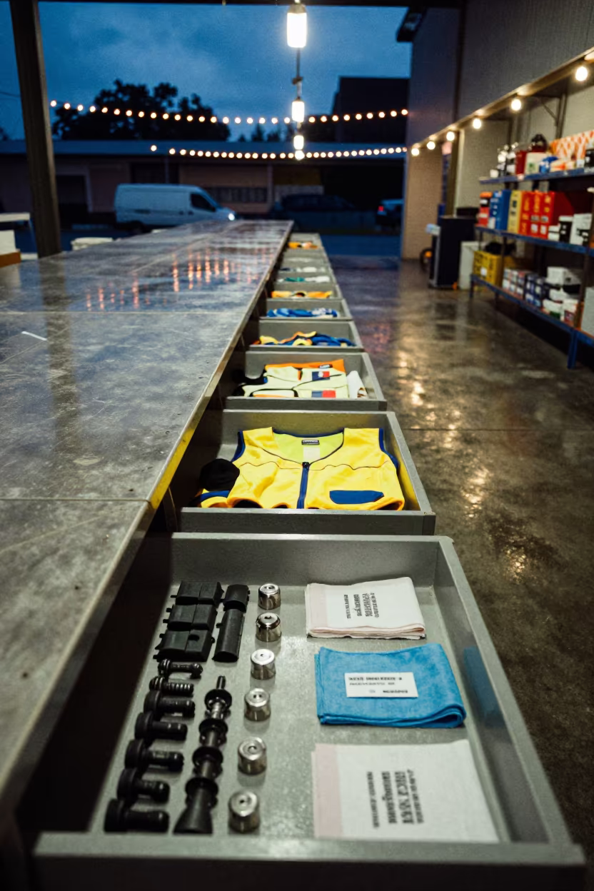 Logistics drawer under dock light in Cartagena warehouse in at a fulfillment packing station in Cartagena