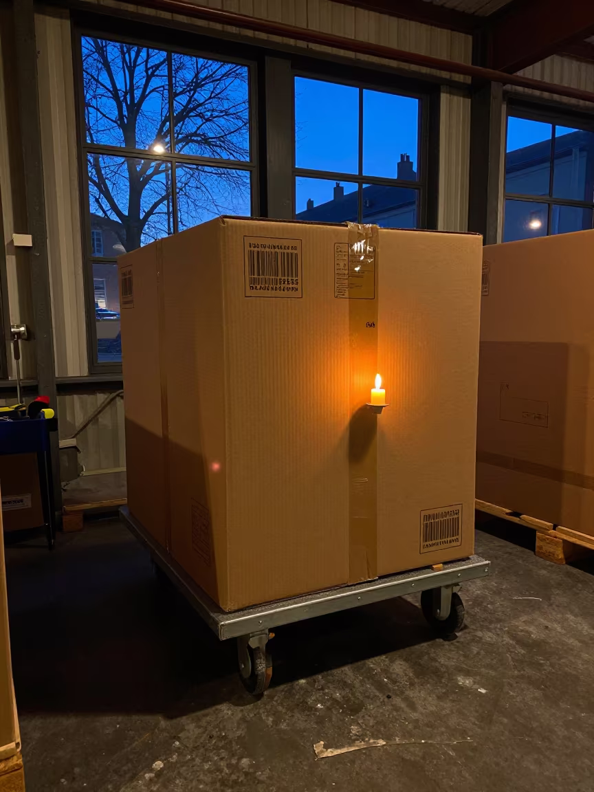 Logistics Envelope Box in Winter Twilight in inside a cross-dock lane near Lyon