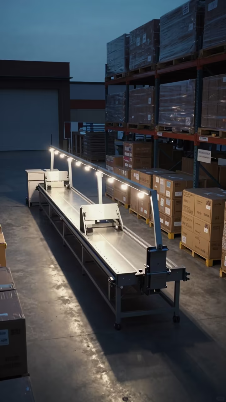 Logistics Grading Bench in Predawn Warehouse in inside a warehouse aisle in Bologna