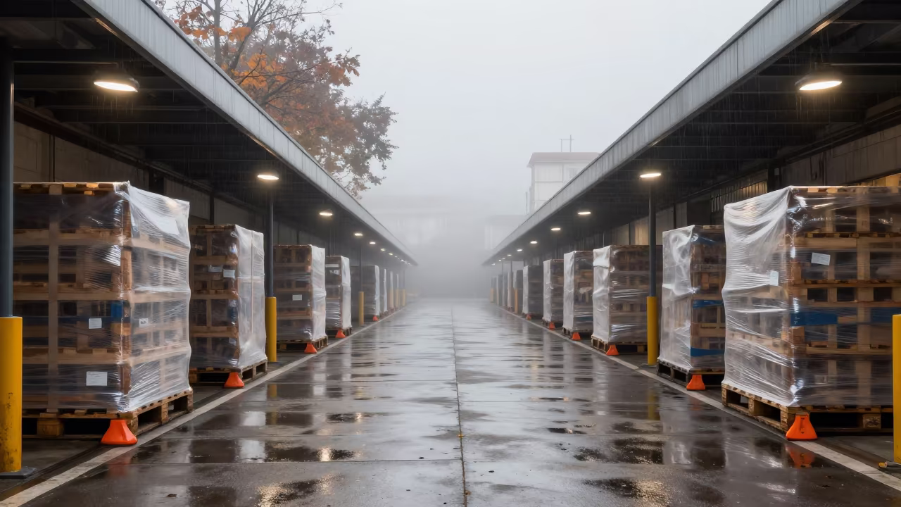 Logistics Loading Dock Morning Fog Lisbon in beside a cross-dock lane under dock lights near Chiado, Lisbon