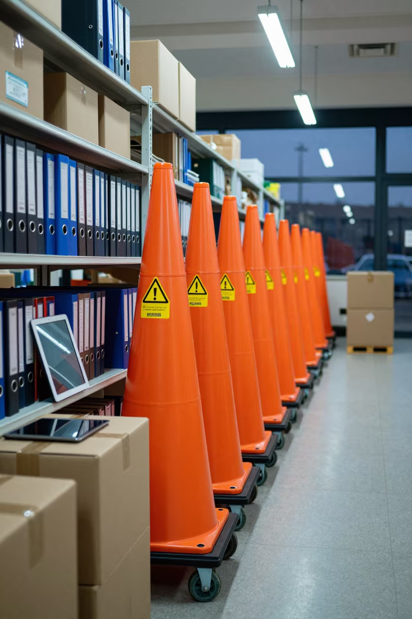 Logistics Packing Station with Cone Stack and Neon Light in at a fulfillment packing station near Béjaïa