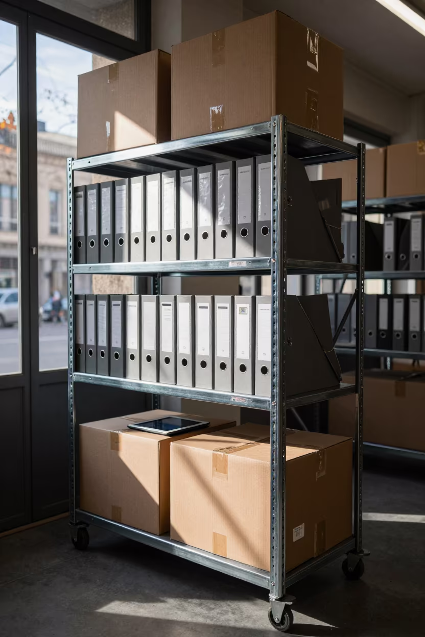 Logistics Shelf With Binders And Tablet At Barcelona Station in at a fulfillment packing station near Gothic Quarter, Barcelona