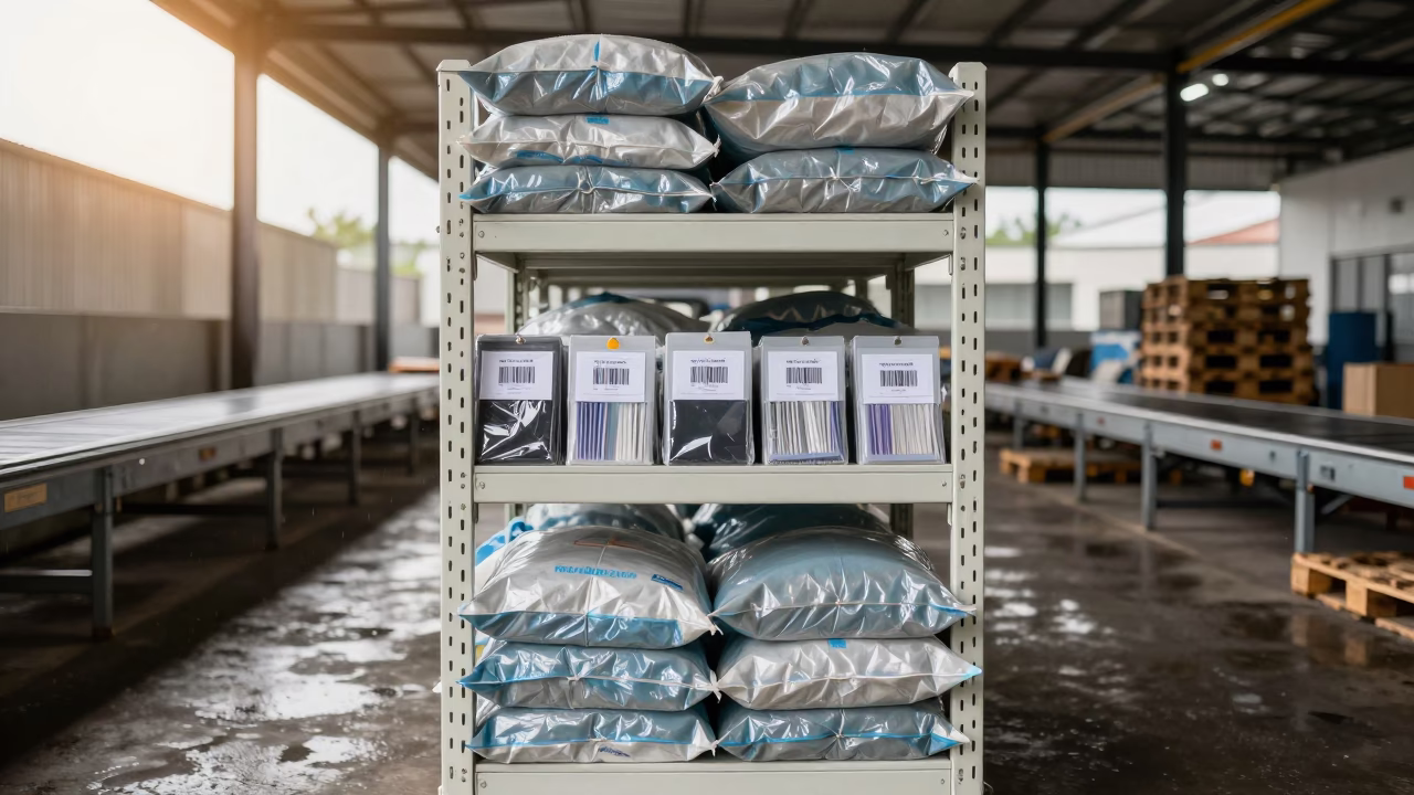 Logistics Shelf Cards and Antistatic Bags in Kenema Bay in inside a chilled distribution bay in Kenema