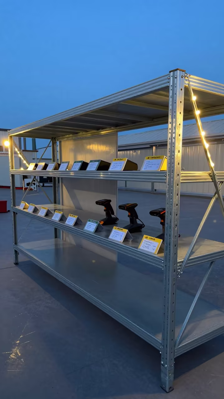 Logistics shelf chargers and tags in evening blue light in inside a cross-dock lane near Changchun