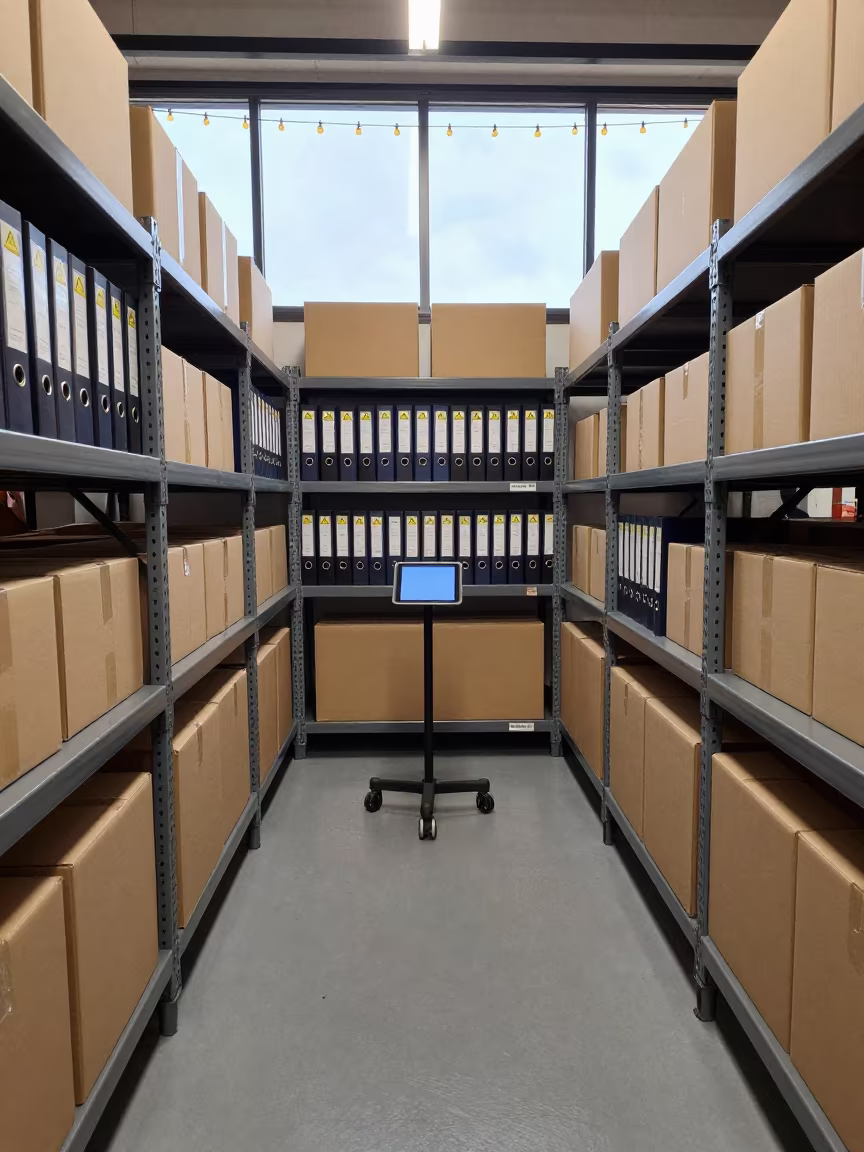 Logistics Shelf With Binders And Tablet in inside a chilled distribution bay near San Francisco