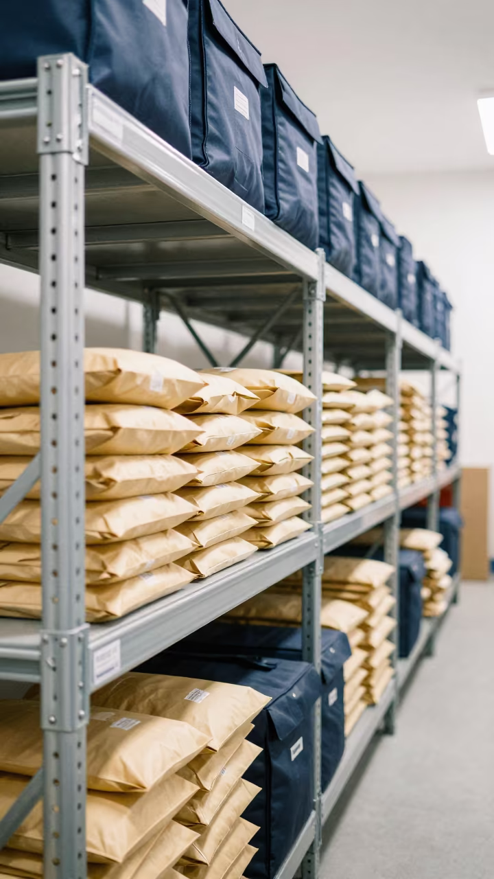 Logistics Shelving with Padded Envelopes in inside a cross-dock lane near Ciudad de la Costa
