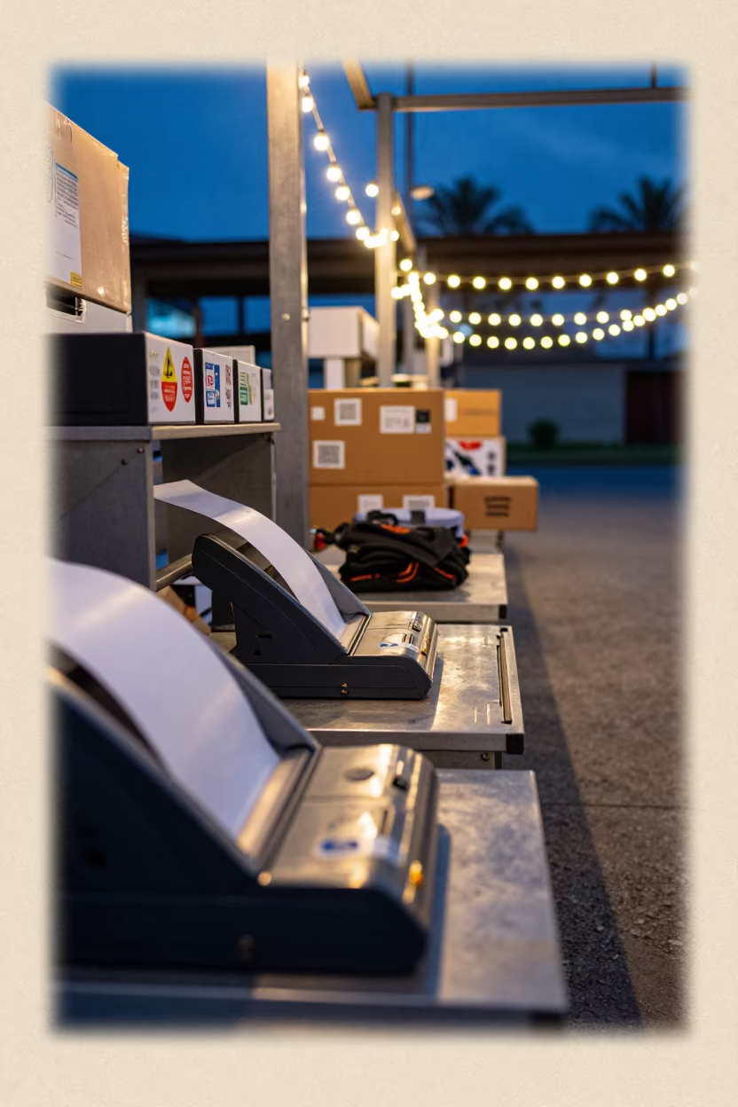 Logistics Sticker Tray in Guatemala City Evening Glow in at a fulfillment packing station in Guatemala City