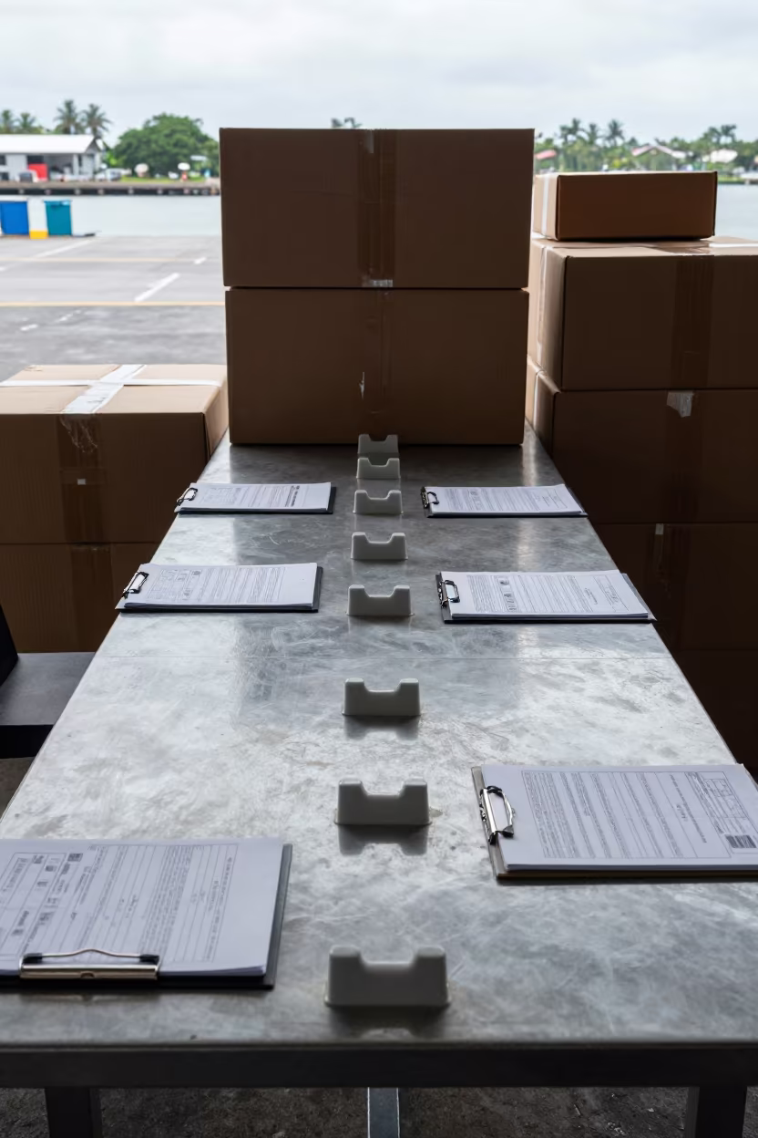 Logistics Table with Parcel Handoff in Dispatch Office in inside a dispatch office above the dock near Honiara