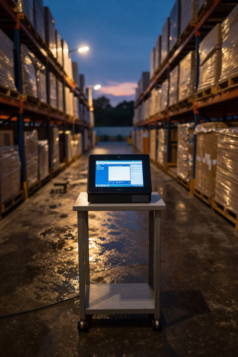 Logistics Tablet Kiosk in Colombo Warehouse Twilight in at a fulfillment packing station in Colombo
