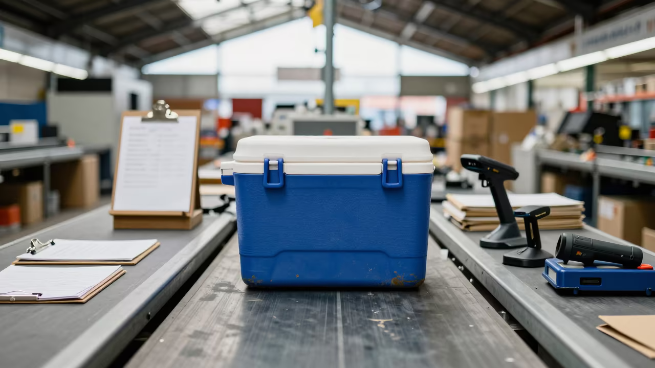 Logistics tote charger under warehouse fluorescents in at a parcel sorting belt in La Boqueria, Barcelona