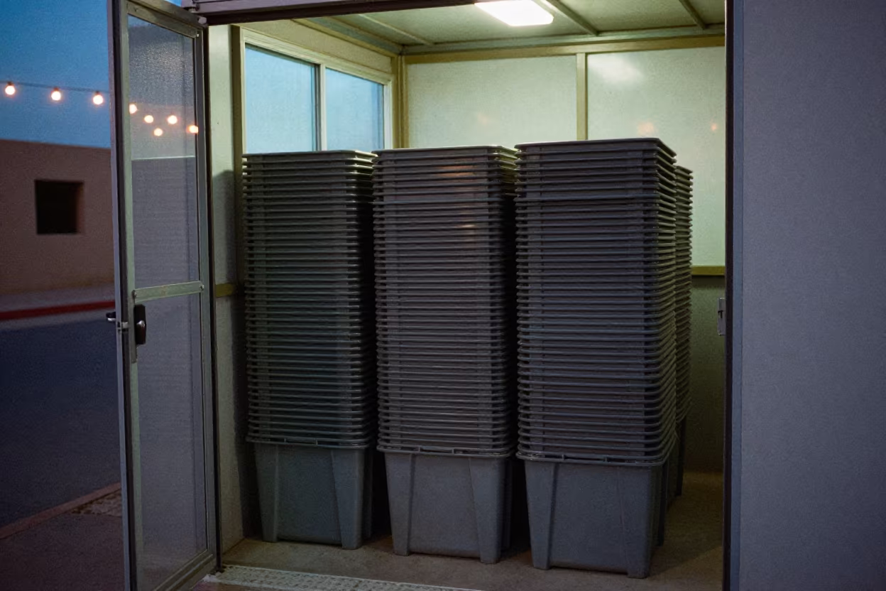 Logistics tote nesting stack blue hour in inside a chilled distribution bay near Dakhla