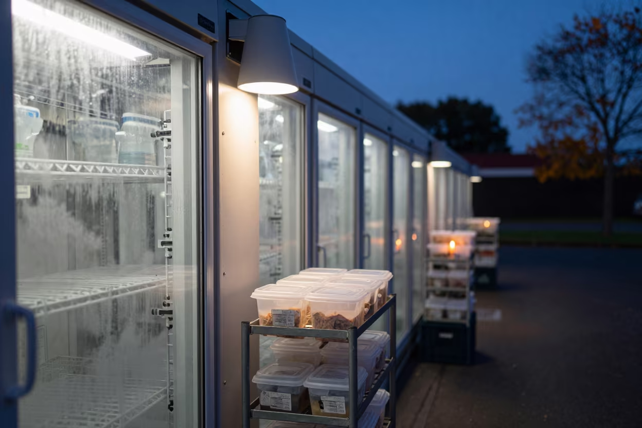 Logistics tote rack in twilight bay with candlelight in inside a chilled distribution bay in Geelong