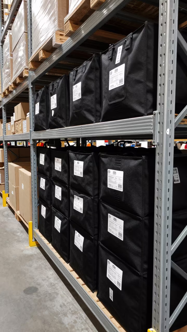 Logistics tote in warehouse aisle late afternoon light in inside a warehouse aisle near Alexandria