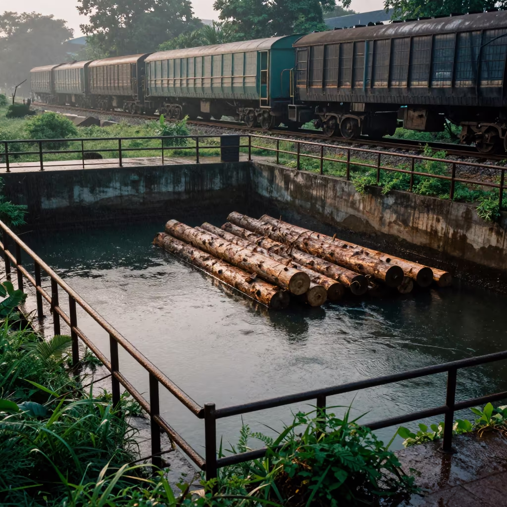 Logs Floating in Sawmill Pond Morning Shadow in at a rail yard near Bangalore