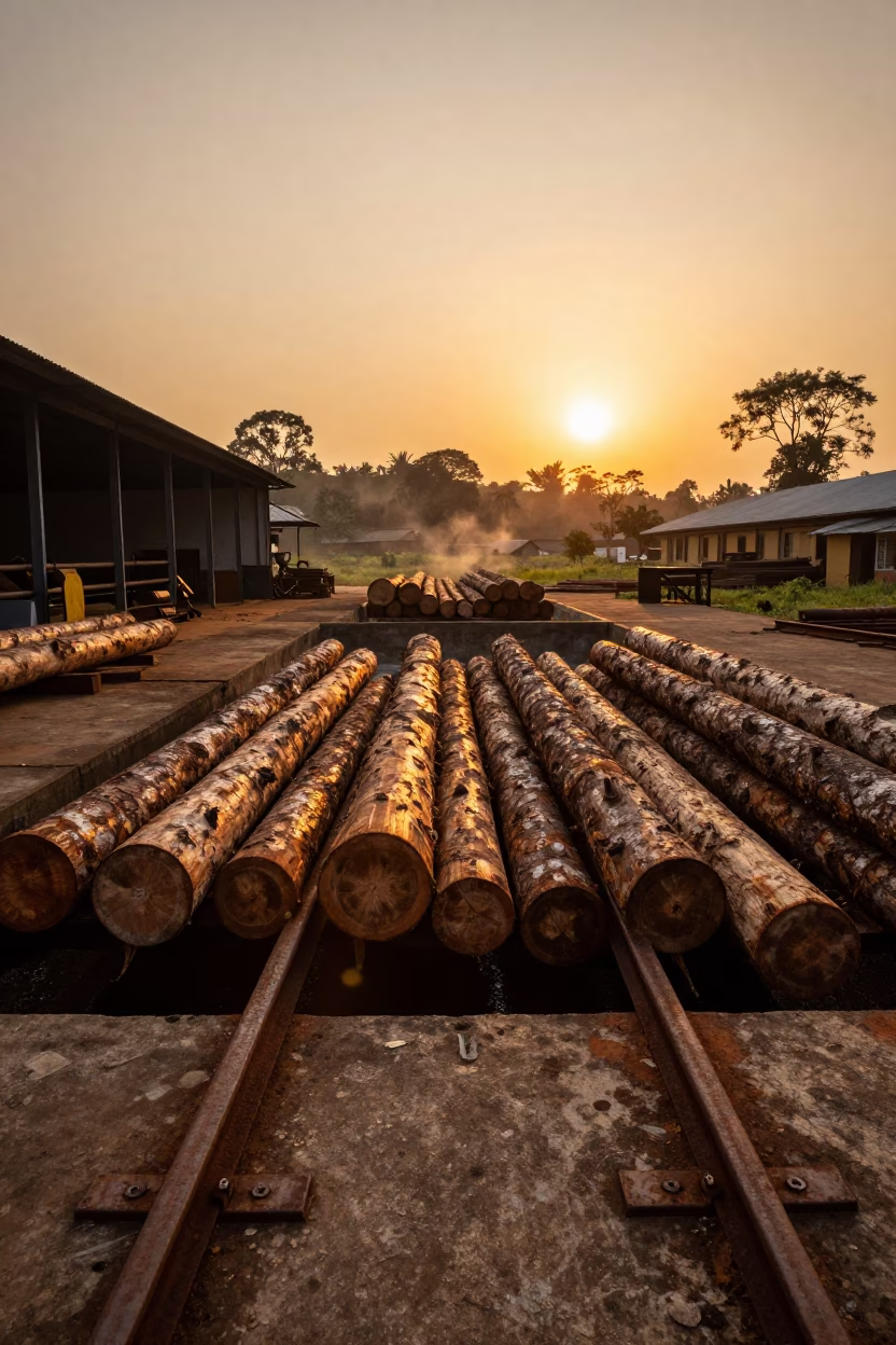 Logs in Pond Amber Sunset Kinshasa Mill in in a machine shop near Kinshasa