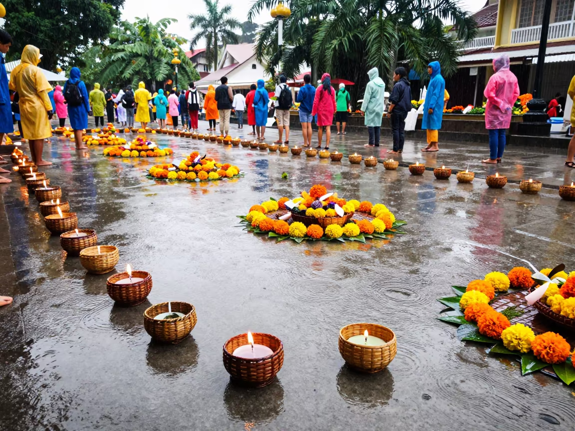 Loi Krathong Baskets Float in Phuket Rain in at a public square during a festival in Phuket