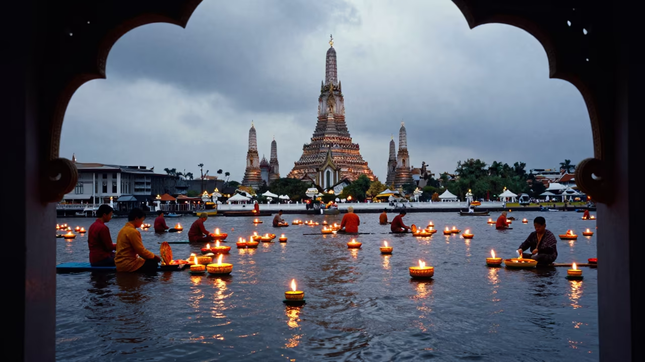 Loi Krathong Baskets Float in Predawn Bangkok in at a public square during a festival in Bangkok