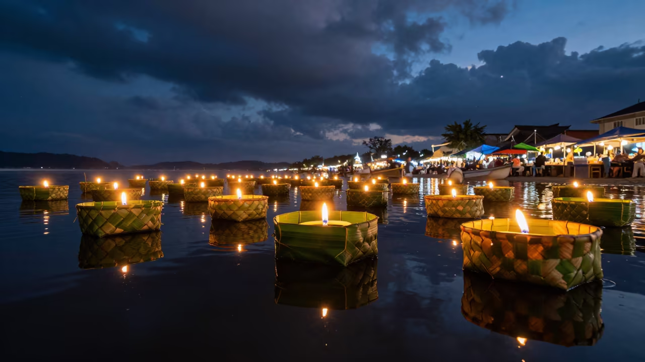 Loi Krathong Baskets Glow at Phuket Night Market Dawn in at a night market in Phuket