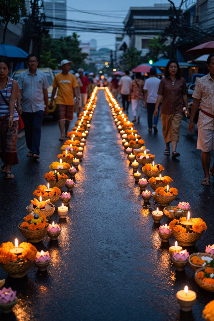 Loi Krathong Candle Baskets Bangkok Street Festival in at a festival street procession near Bang Rak, Bangkok