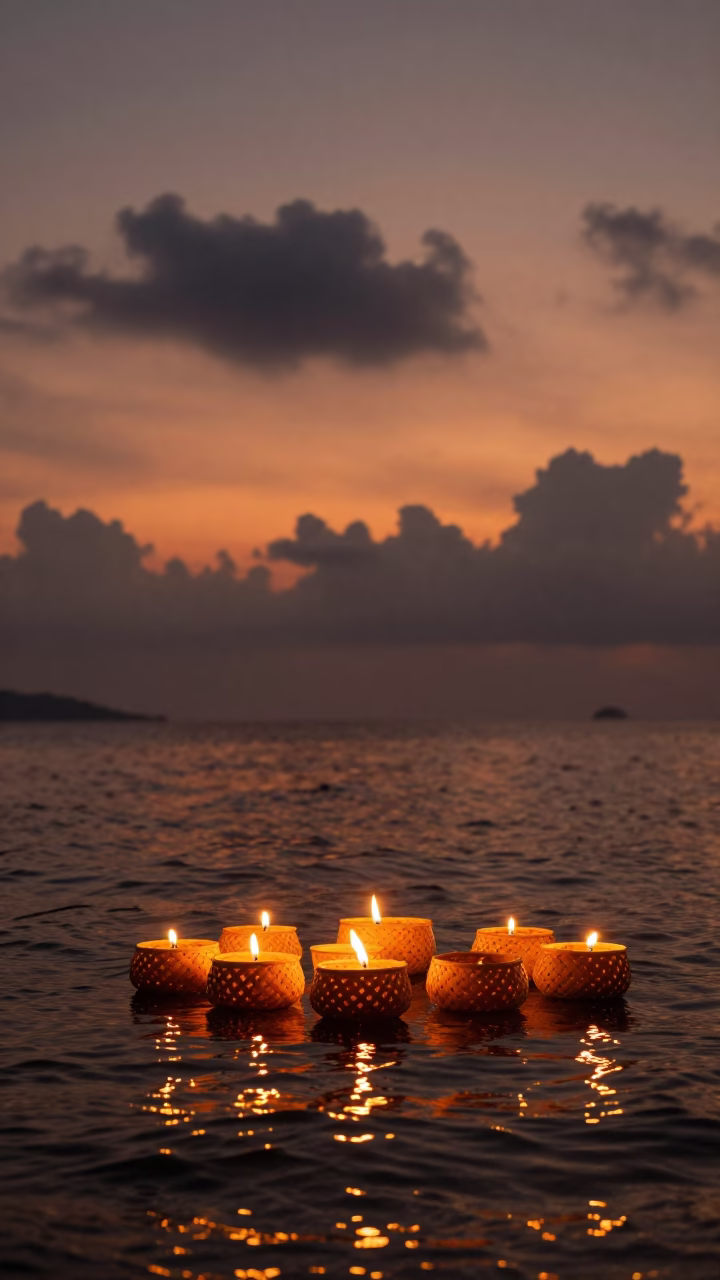 Loi Krathong Candle Baskets Floating in Phuket in at a waterfront celebration in Phuket