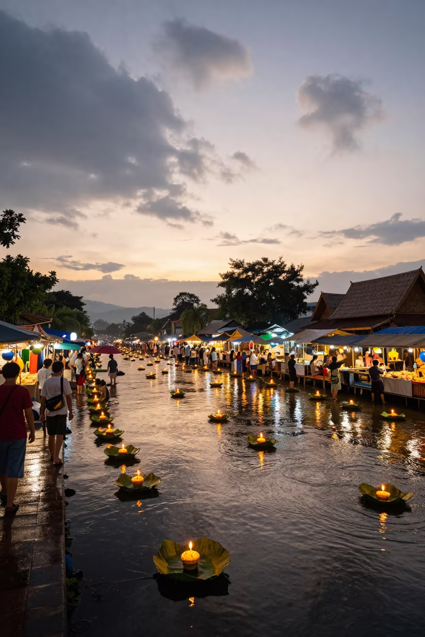 Loi Krathong Candles Float on Water at Chiang Mai Market in at a night market near Chiang Mai