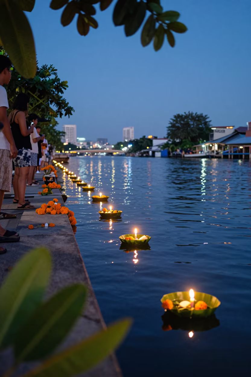 Loi Krathong Festival Candles Thonburi Twilight in at a festival street procession near Thonburi, Bangkok