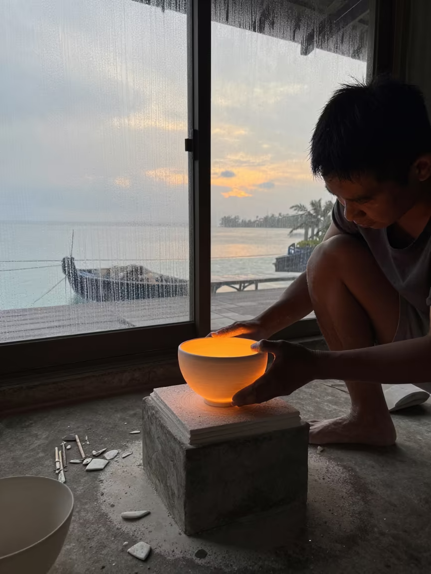 Lombok Potter Pulling Raku Bowl at Dawn in in a rehearsal room in Lombok