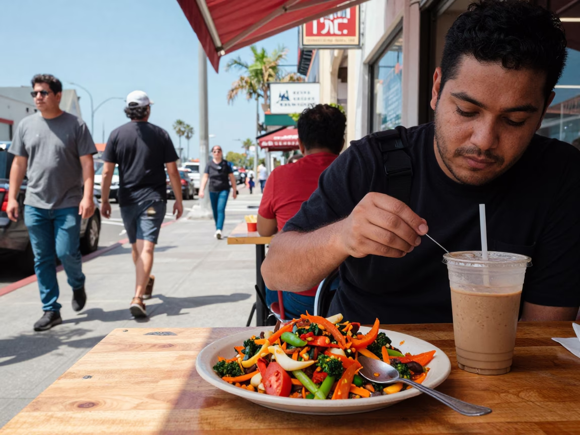 Lomo Saltado and Coffee in San Diego Midday Street Scene in in San Diego, California, United States