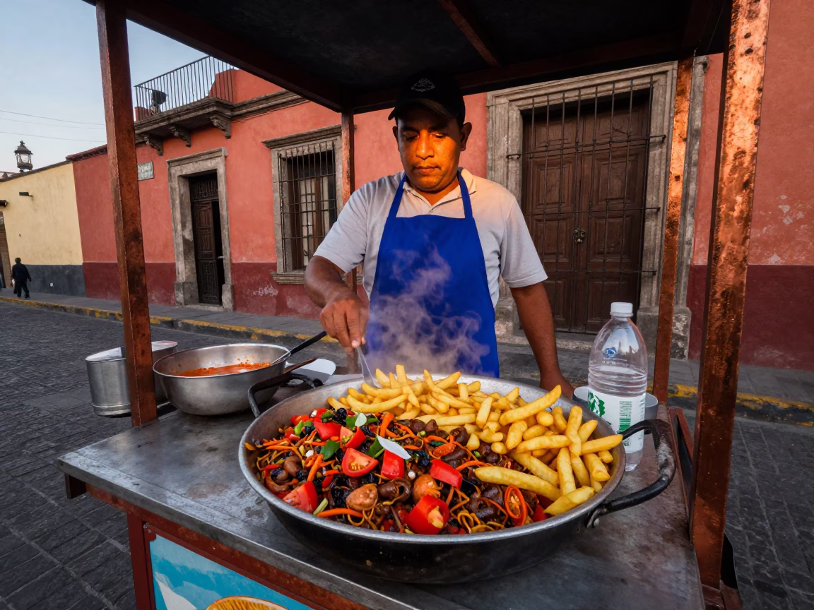 Lomo Saltado in Mexico City at Copper-toned Light Before Dusk in in Mexico City, Mexico
