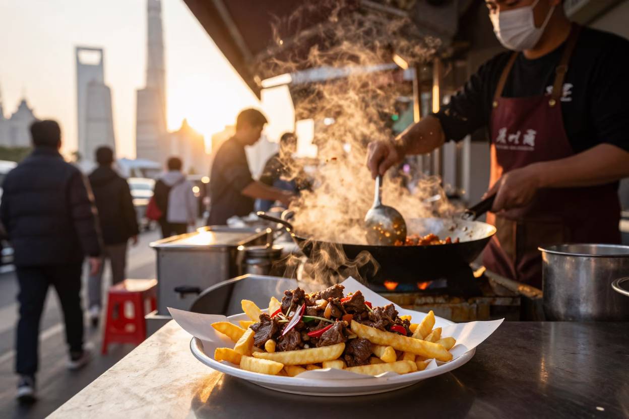 Lomo Saltado in Shanghai at Sunset Light in in Shanghai, China
