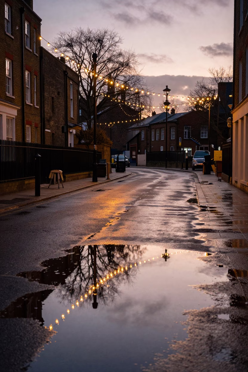 London 1950s Substation Road Puddle Reflections and String Lights Before Dusk in in London, United Kingdom
