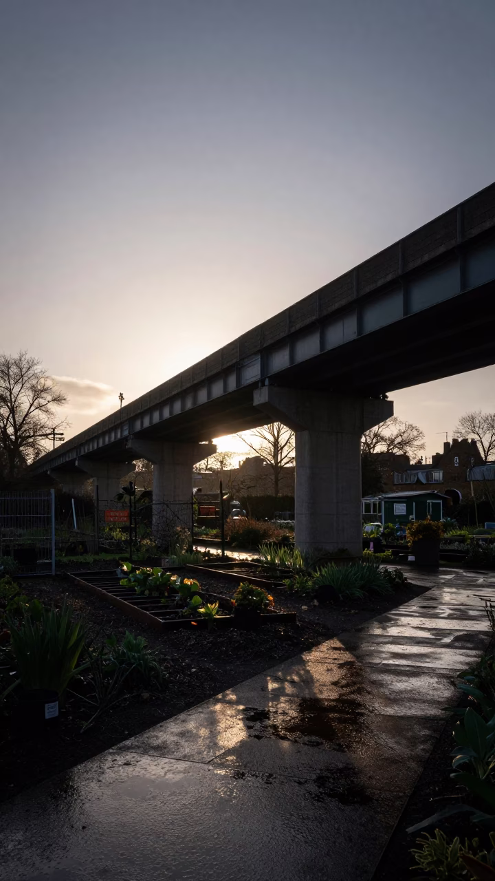 London Allotment Gardens at First Light Of Dawn in in London, United Kingdom