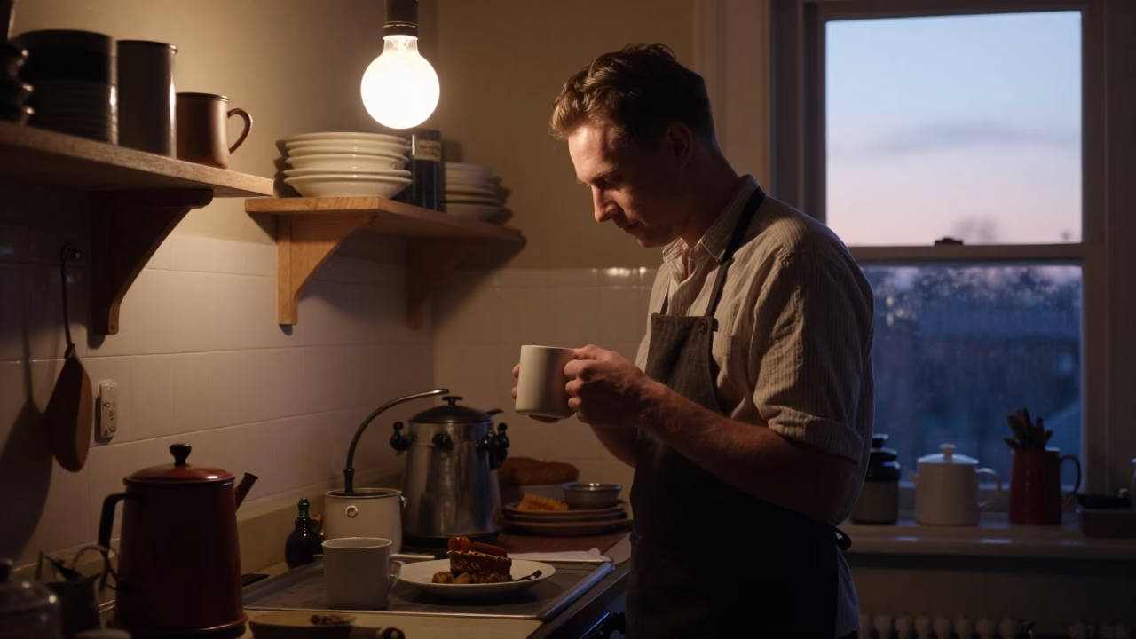 London Baker Preparing Morning Coffee Before Sunrise in 1950s Kitchen in in London, United Kingdom
