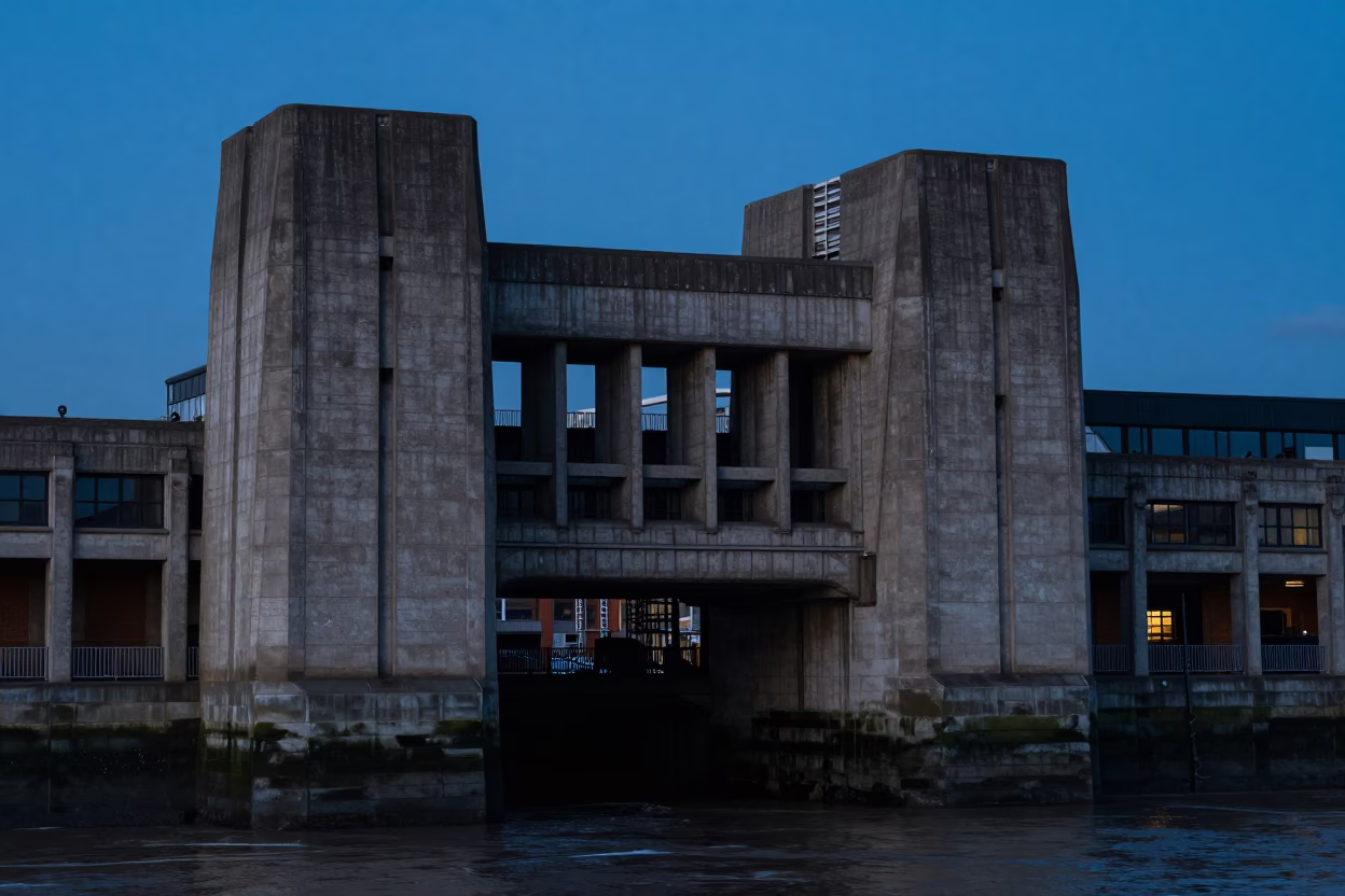 London Blackfriars Bridge Drawbridge Counterweight House Above Tidal Channel Before Dawn in in London, United Kingdom